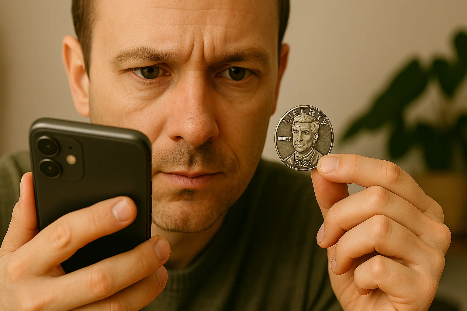 A coin lover uses his smartphone to identify and evaluate a 2024 nickel  and keep all the details digitally right in the app.