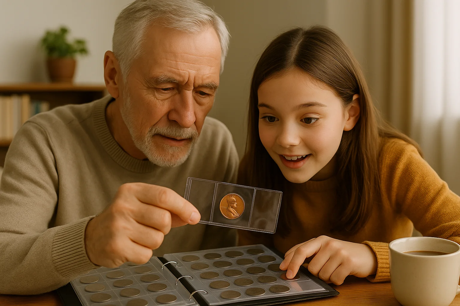 A grandfather proudly shows his granddaughter a shiny 1982 penny in a coin album, teaching her how a small date and the right weight can turn one cent into a collector’s jewel.