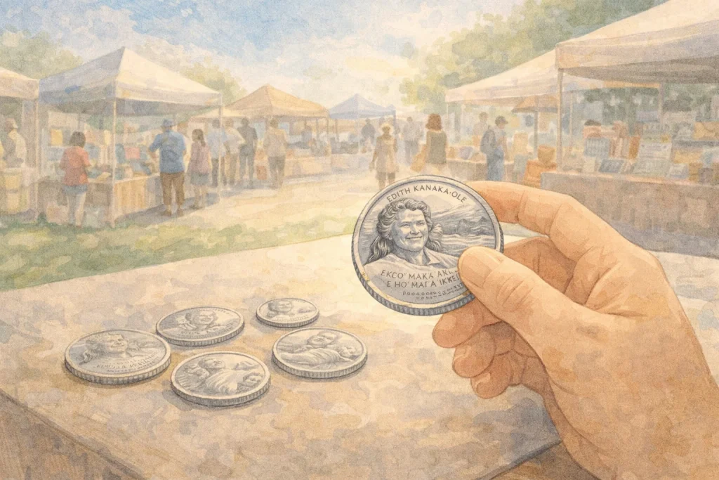 A collector inspects an Edith Kanaka’ole quarter on the flea market.